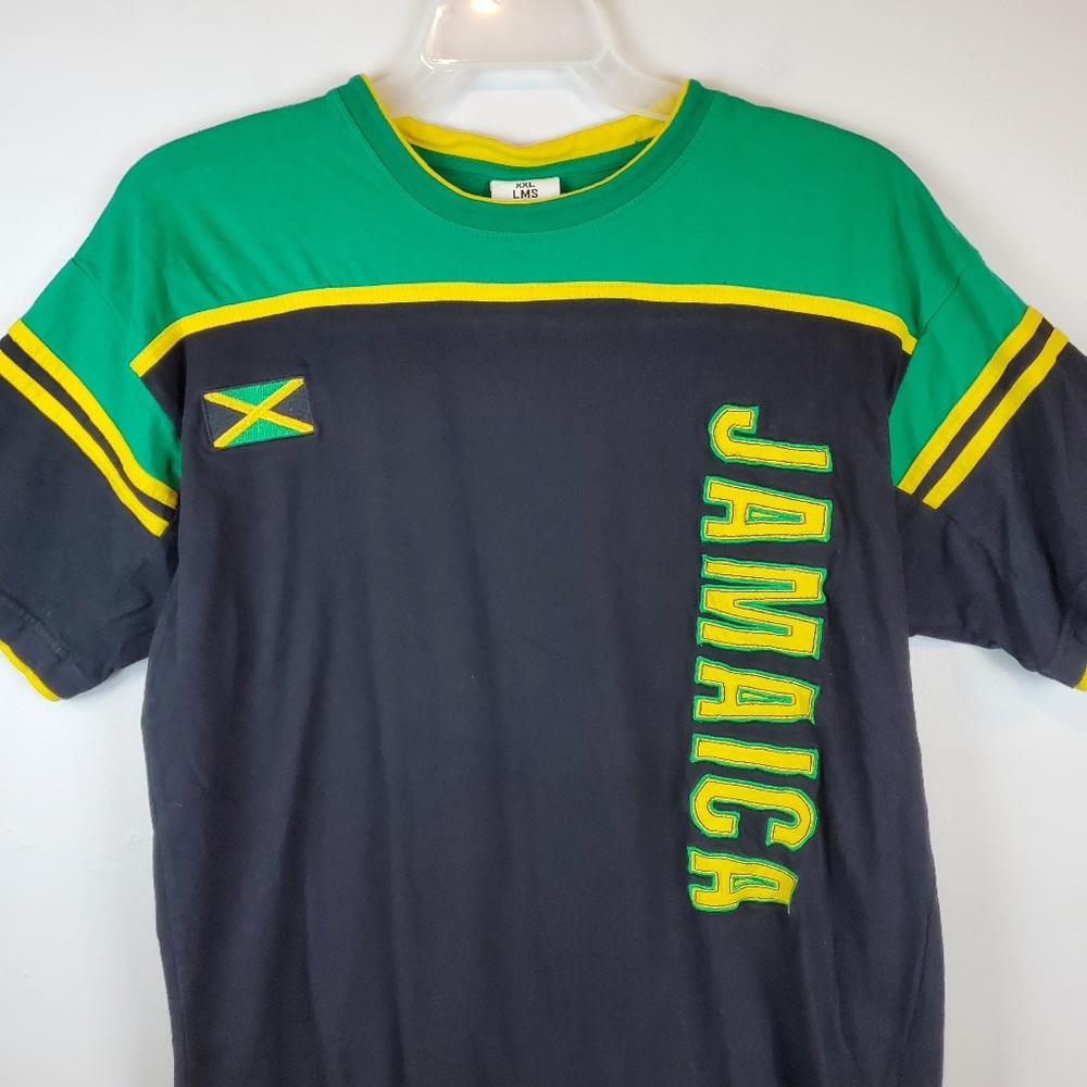 VTG 90s Jamaica Colorblock Varsity Patch Short Sleeve Shirt 2XL Mens 🇯🇲 Fitted